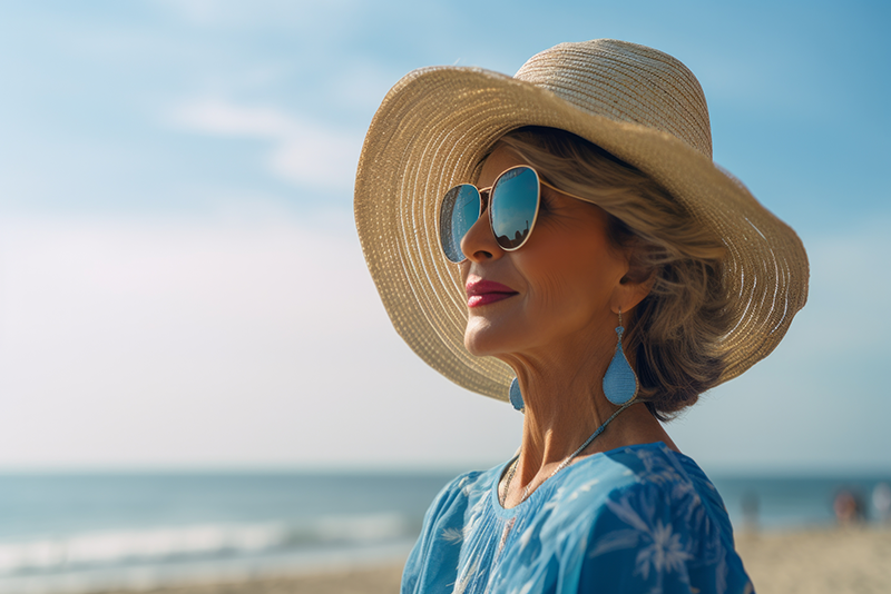 Femme portant un chapeau et des lunettes de soleil en été