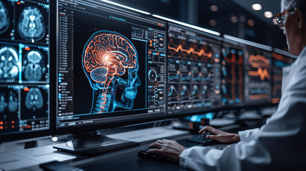 Les médecins chirurgiens et neurologues utilisent des technologies robotiques et médicales pour diagnostiquer et examiner le cerveau des patients avec des logiciels intelligents. IA, innovation, science et technologie médicale numérique, générative.