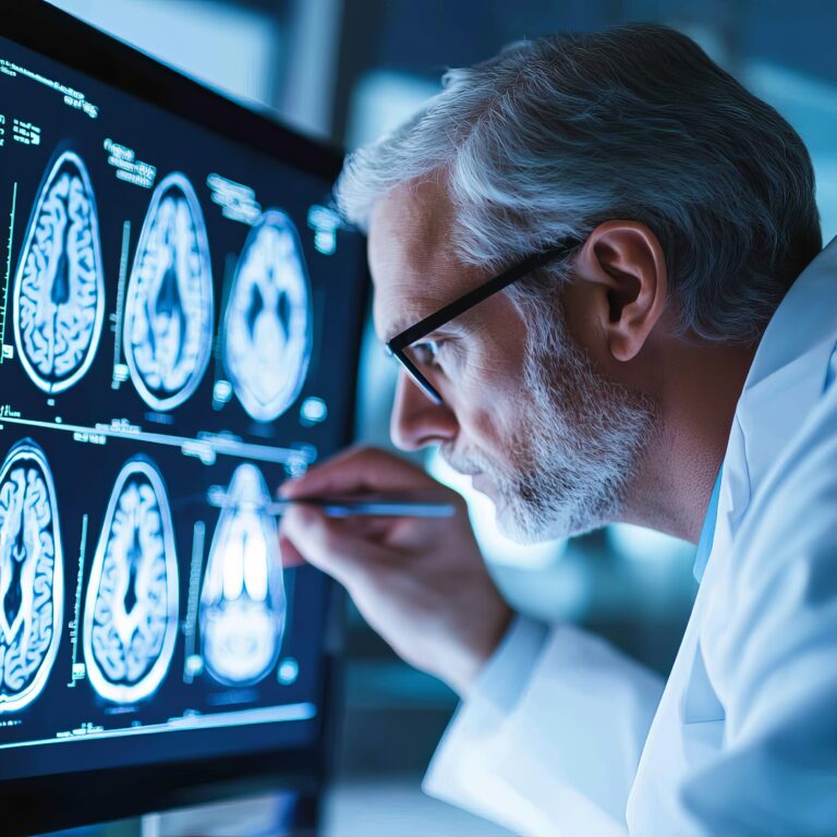 Neurologue examinant des images de scanner cérébral sur un écran numérique, santé cérébrale, diagnostics avancés.