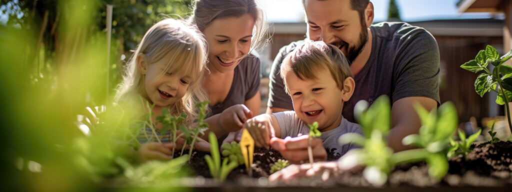 Un père jouant avec sa fille dans le jardin, accompagné de sa femme et de son fils, tous couverts par sa mutuelle d’entreprise.