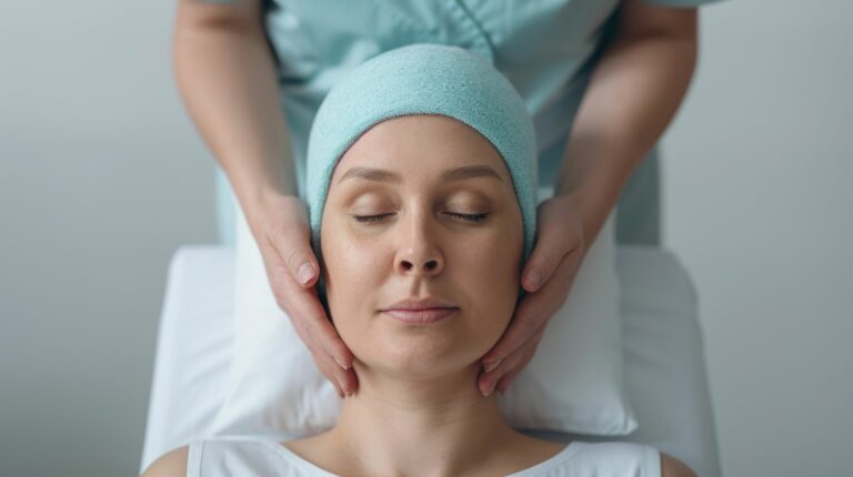 Femme recevant un massage du visage dans le cadre d'une cure post-cancer pour favoriser la détente et la récupération