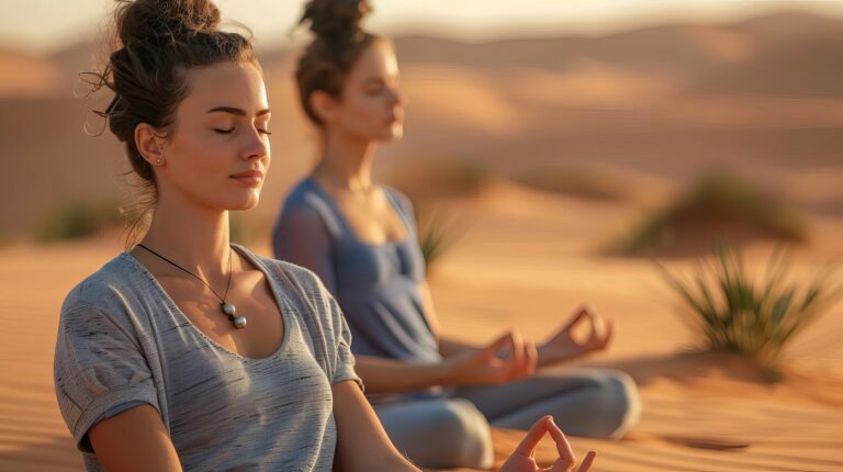 Femme pratiquant une séance de sophrologie et relaxation en pleine nature devant une dune de sable