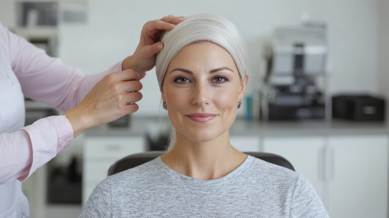 Femme portant une prothèse capillaire après un traitement contre le cancer