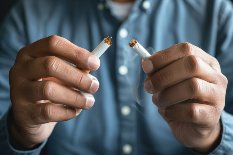 Homme cassant une cigarette en deux, symbolisant le sevrage tabagique et l'arrêt du tabac