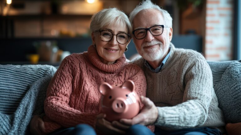 Couple rassuré devant une tirelire, réfléchissant au coût de la téléassistance