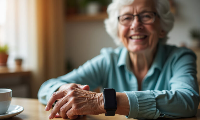 Femme âgée souriante et sereine portant une montre d’alerte pour la téléassistance