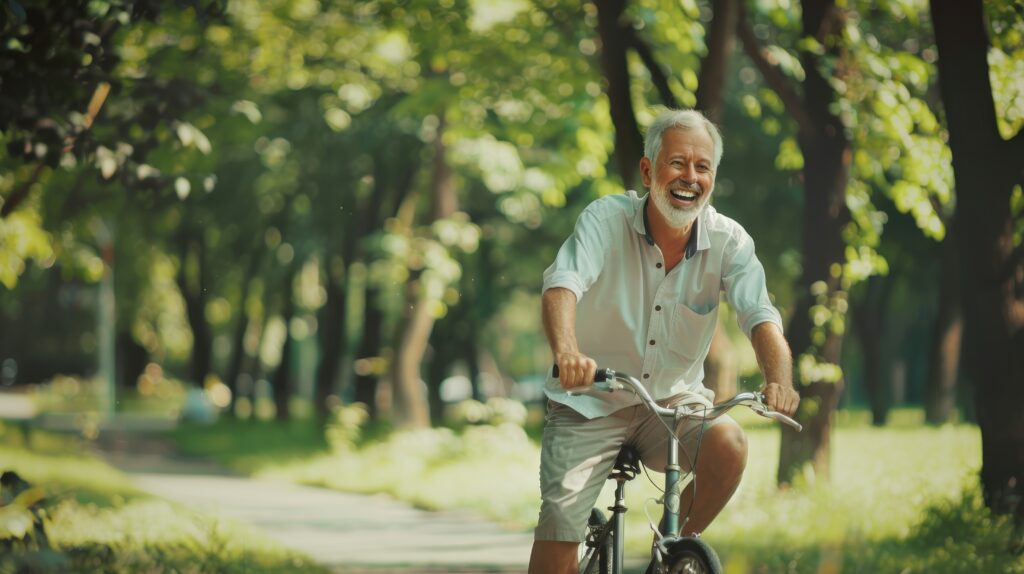 Un homme fait du vélo dans le parc et est heureux de pouvoir en faire grâce à la téléassistance mobile