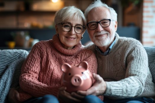 Couple rassuré devant une tirelire, réfléchissant au coût de la téléassistance