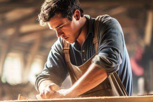 "Un menuisier en train de couper du bois, affichant son appartenance à la mutuelle Smatis."