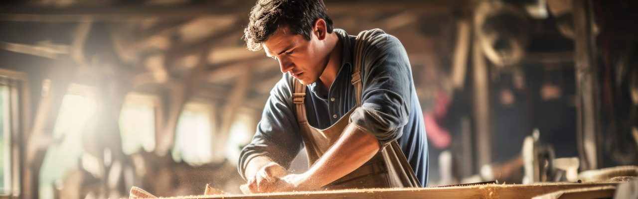 "Un menuisier en train de couper du bois, affichant son appartenance à la mutuelle Smatis."