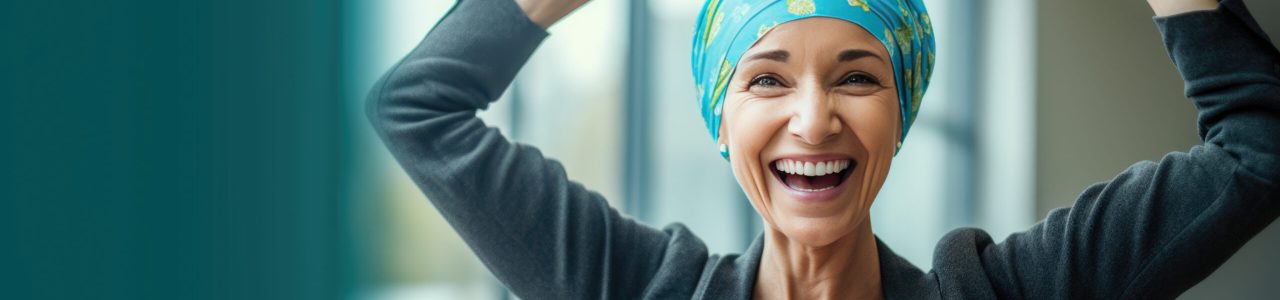 Femme portant un foulard sur la tête, levant les bras avec détermination dans sa lutte contre le cancer