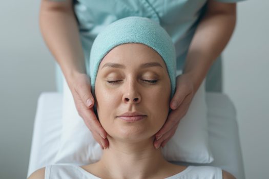 Femme recevant un massage du visage dans le cadre d'une cure post-cancer pour favoriser la détente et la récupération