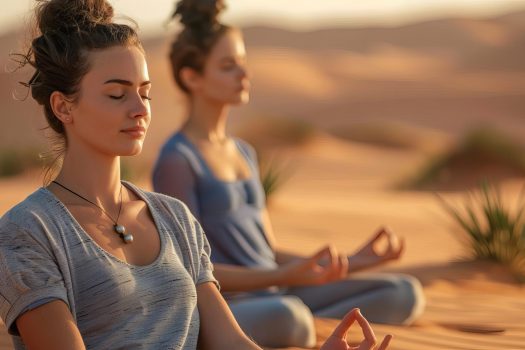 Femme pratiquant une séance de sophrologie et relaxation en pleine nature devant une dune de sable