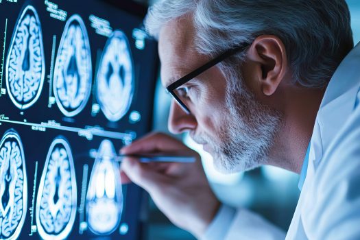 Neurologue examinant des images de scanner cérébral sur un écran numérique, santé cérébrale, diagnostics avancés.