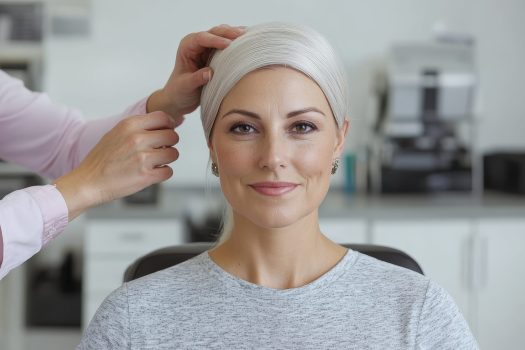 Femme portant une prothèse capillaire après un traitement contre le cancer