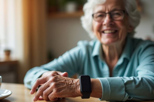 Femme âgée souriante et sereine portant une montre d’alerte pour la téléassistance