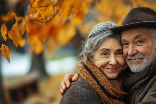 Un adorable grand-mère et grand-père sont assis sur un banc dans un parc en automne, se regardant avec tendresse. Grâce à la téléassistance avec détection des chutes, ils peuvent profiter de ce moment en toute sécurité. "Après toutes ces années, je ne peux pas m'empêcher de te regarder.