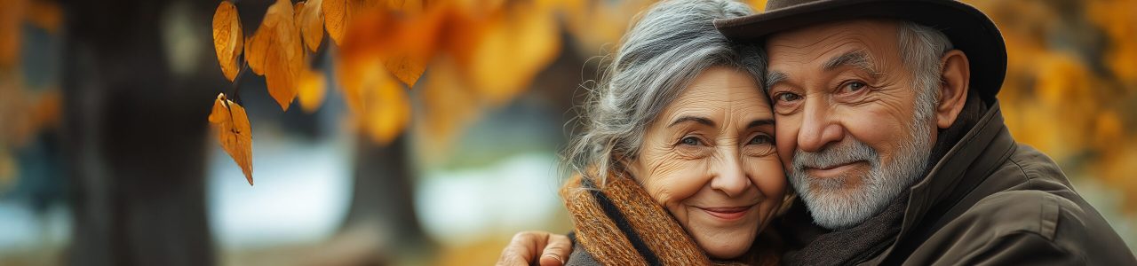 Un adorable grand-mère et grand-père sont assis sur un banc dans un parc en automne, se regardant avec tendresse. Grâce à la téléassistance avec détection des chutes, ils peuvent profiter de ce moment en toute sécurité. "Après toutes ces années, je ne peux pas m'empêcher de te regarder.