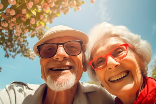 Un beau couple âgé se promène dans le parc, souriant et profitant de leur marche grâce à la téléassistance mobile.