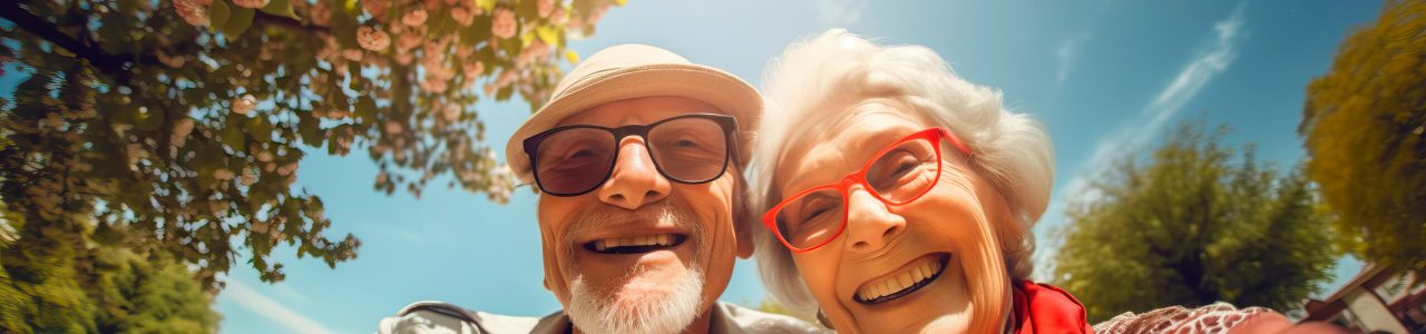 Un beau couple âgé se promène dans le parc, souriant et profitant de leur marche grâce à la téléassistance mobile.