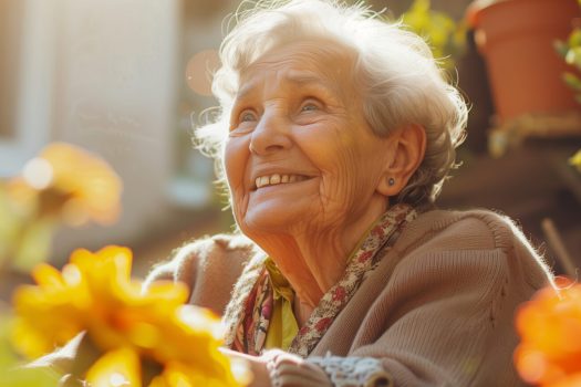 Femme âgée joyeuse dans son jardin, en fauteuil roulant, profitant de la liberté offerte par la téléassistance pour admirer les fleurs en pleine floraison