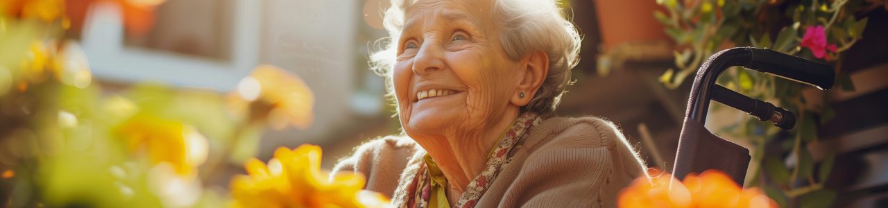 Femme âgée joyeuse dans son jardin, en fauteuil roulant, profitant de la liberté offerte par la téléassistance pour admirer les fleurs en pleine floraison